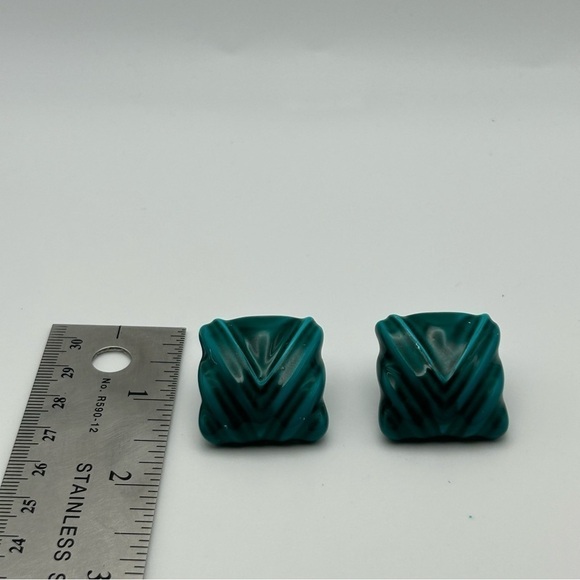Vintage Large Statement Teal Blue Textured Puffy Square Stud Earrings Unique - Picture 4 of 8